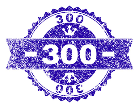 300 rosette seal watermark with grunge texture. Designed with round rosette, ribbon and small crowns. Blue vector rubber watermark of 300 title with dirty texture.のイラスト素材