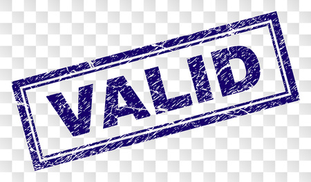 VALID stamp seal print with rubber print style and double framed rectangle shape. Stamp is placed on a transparent background. Blue vector rubber print of VALID title with retro texture.のイラスト素材