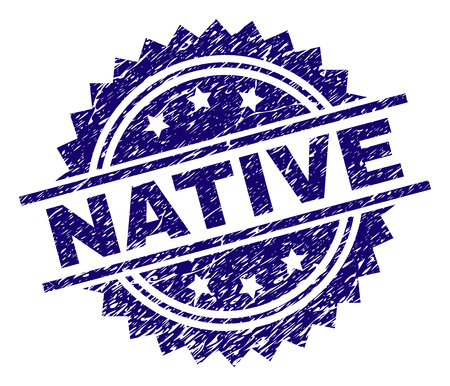 NATIVE stamp seal watermark with distress style. Blue vector rubber print of NATIVE title with corroded texture.のイラスト素材