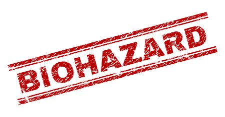 BIOHAZARD seal stamp with grunge texture. Red vector rubber print of BIOHAZARD text with dust texture. Text caption is placed between double parallel lines.のイラスト素材