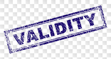 VALIDITY stamp seal print with corroded style and double framed rectangle shape. Stamp is placed on a transparent background. Blue vector rubber print of VALIDITY tag with corroded texture.のイラスト素材