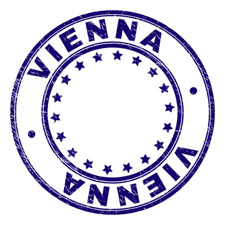 VIENNA stamp seal watermark with grunge texture. Designed with circles and stars. Blue vector rubber print of VIENNA title with corroded texture.のイラスト素材