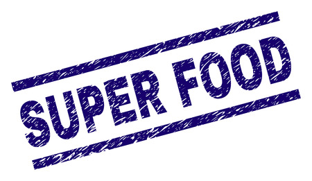 SUPER FOOD seal print with scratced style. Blue vector rubber print of SUPER FOOD caption with dirty texture. Text tag is placed between parallel lines.のイラスト素材