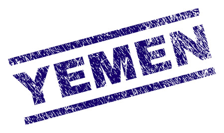 YEMEN seal print with scratced style. Blue vector rubber print of YEMEN title with grunge texture. Text title is placed between parallel lines.のイラスト素材