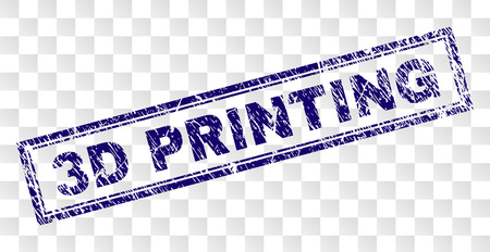 3D PRINTING stamp seal print with rubber print style and double framed rectangle shape. Stamp is placed on a transparent background. Blue vector rubber print of 3D PRINTING text with unclean texture.のイラスト素材