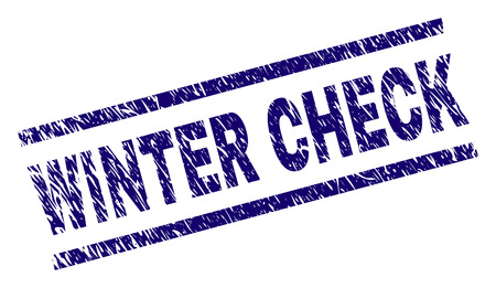 WINTER CHECK seal print with scratced style. Blue vector rubber print of WINTER CHECK tag with retro texture. Text tag is placed between parallel lines.のイラスト素材