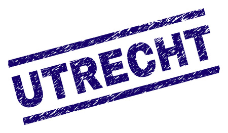 UTRECHT seal print with scratced style. Blue vector rubber print of UTRECHT text with dust texture. Text caption is placed between parallel lines.のイラスト素材
