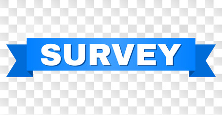 SURVEY text on a ribbon. Designed with white title and blue tape. Vector banner with SURVEY tag on a transparent background.のイラスト素材