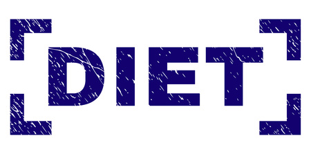 DIET label seal print with distress texture. Text label is placed inside corners. Blue vector rubber print of DIET with grunge texture.のイラスト素材