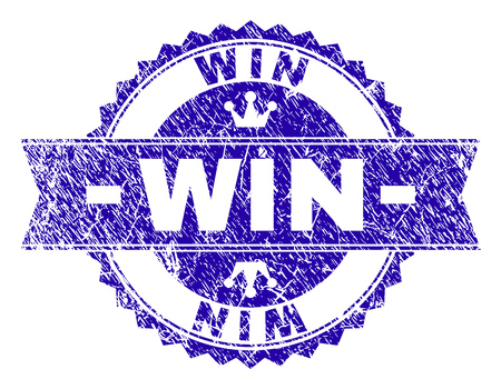 WIN rosette stamp watermark with distress style. Designed with round rosette, ribbon and small crowns. Blue vector rubber watermark of WIN label with grunge style.のイラスト素材