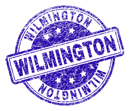 WILMINGTON stamp seal imprint with grunge texture. Designed with rounded rectangles and circles. Blue vector rubber print of WILMINGTON tag with grunge texture.のイラスト素材
