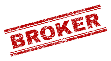 BROKER seal imprint with grunge texture. Red vector rubber print of BROKER text with corroded texture. Text title is placed between double parallel lines.のイラスト素材