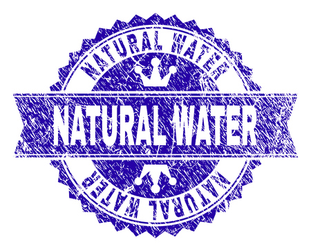 NATURAL WATER rosette stamp watermark with grunge style. Designed with round rosette, ribbon and small crowns. Blue vector rubber watermark of NATURAL WATER label with unclean style.のイラスト素材