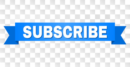 SUBSCRIBE text on a ribbon. Designed with white caption and blue tape. Vector banner with SUBSCRIBE tag on a transparent background.のイラスト素材