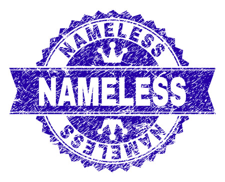 NAMELESS rosette seal watermark with distress style. Designed with round rosette, ribbon and small crowns. Blue vector rubber watermark of NAMELESS text with scratched style.のイラスト素材