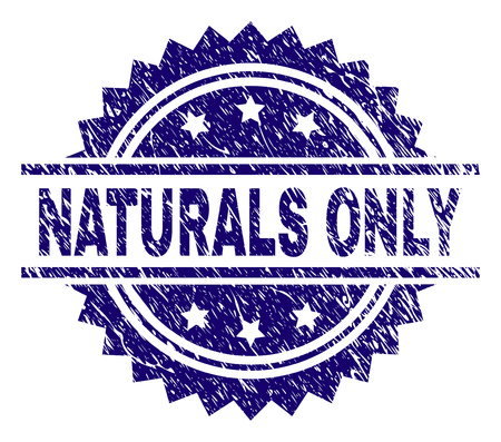NATURALS ONLY stamp seal watermark with distress style. Blue vector rubber print of NATURALS ONLY tag with corroded texture.のイラスト素材