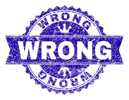 WRONG rosette stamp seal imprint with distress style. Designed with round rosette, ribbon and small crowns. Blue vector rubber watermark of WRONG text with dirty style.のイラスト素材
