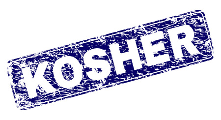 KOSHER stamp seal print with grunge texture. Seal shape is a rounded rectangle with frame. Blue vector rubber print of KOSHER caption with dirty texture.のイラスト素材