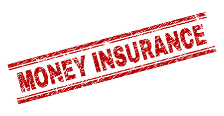 MONEY INSURANCE seal stamp with corroded texture. Red vector rubber print of MONEY INSURANCE text with corroded texture. Text title is placed between double parallel lines.のイラスト素材