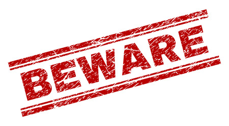 BEWARE seal print with corroded texture. Red vector rubber print of BEWARE title with retro texture. Text title is placed between double parallel lines.のイラスト素材