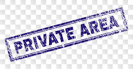 PRIVATE AREA stamp seal print with grainy style and double framed rectangle shape. Stamp is placed on a transparent background. Blue vector rubber print of PRIVATE AREA label with scratched texture.のイラスト素材