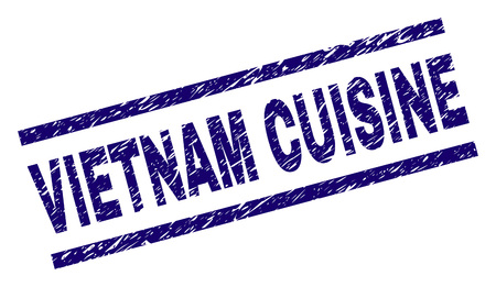 VIETNAM CUISINE seal print with distress style. Blue vector rubber print of VIETNAM CUISINE label with grunge texture. Text label is placed between parallel lines.のイラスト素材