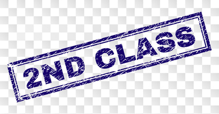 2ND CLASS stamp seal print with rubber print style and double framed rectangle shape. Stamp is placed on a transparent background. Blue vector rubber print of 2ND CLASS caption with grunge texture.のイラスト素材