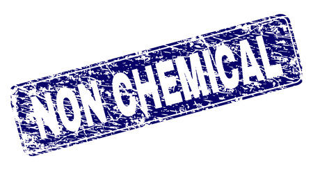 NON CHEMICAL stamp seal print with grunge texture. Seal shape is a rounded rectangle with frame. Blue vector rubber print of NON CHEMICAL text with dust texture.のイラスト素材