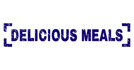 DELICIOUS MEALS title seal print with corroded texture. Text tag is placed inside corners. Blue vector rubber print of DELICIOUS MEALS with grunge texture.のイラスト素材
