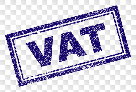 VAT stamp seal print with rubber print style and double framed rectangle shape. Stamp is placed on a transparent background. Blue vector rubber print of VAT label with dirty texture.のイラスト素材
