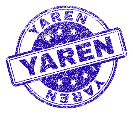YAREN stamp seal imprint with grunge texture. Designed with rounded rectangles and circles. Blue vector rubber print of YAREN title with dust texture.のイラスト素材