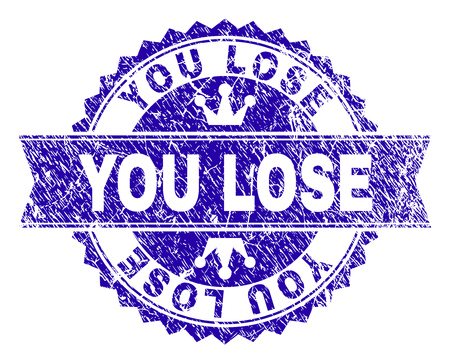 YOU LOSE rosette stamp imitation with distress texture. Designed with round rosette, ribbon and small crowns. Blue vector rubber watermark of YOU LOSE tag with corroded texture.のイラスト素材