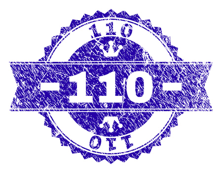 110 rosette seal watermark with grunge texture. Designed with round rosette, ribbon and small crowns. Blue vector rubber watermark of 110 tag with retro texture.のイラスト素材