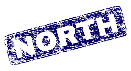 NORTH stamp seal print with distress texture. Seal shape is a rounded rectangle with frame. Blue vector rubber print of NORTH caption with corroded texture.のイラスト素材