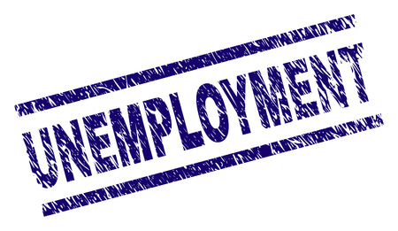 UNEMPLOYMENT seal print with distress style. Blue vector rubber print of UNEMPLOYMENT caption with grunge texture. Text caption is placed between parallel lines.のイラスト素材