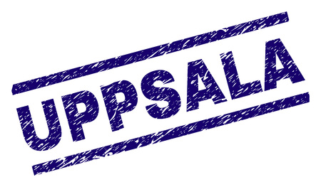 UPPSALA seal print with grunge style. Blue vector rubber print of UPPSALA title with grunge texture. Text title is placed between parallel lines.のイラスト素材