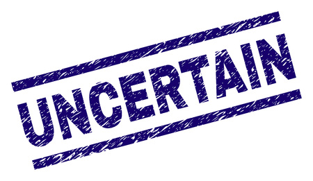 UNCERTAIN seal imprint with scratced style. Blue vector rubber print of UNCERTAIN text with grunge texture. Text label is placed between parallel lines.のイラスト素材