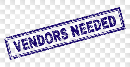 VENDORS NEEDED stamp seal print with rubber print style and double framed rectangle shape. Stamp is placed on a transparent background.のイラスト素材