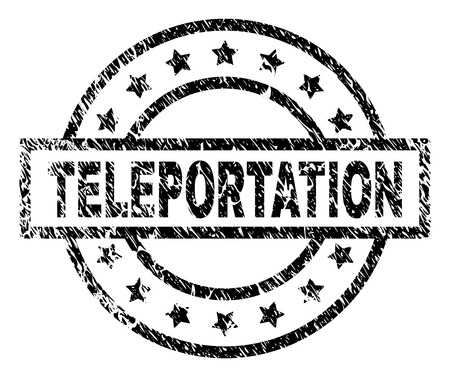 TELEPORTATION stamp seal watermark with distress style. Designed with rectangle, circles and stars. Black vector rubber print of TELEPORTATION caption with retro texture.のイラスト素材