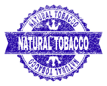 NATURAL TOBACCO rosette seal watermark with distress texture. Designed with round rosette, ribbon and small crowns. Blue vector rubber watermark of NATURAL TOBACCO text with scratched texture.のイラスト素材