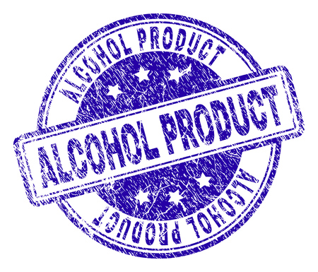 ALCOHOL PRODUCT stamp seal imprint with grunge texture. Designed with rounded rectangles and circles. Blue vector rubber print of ALCOHOL PRODUCT tag with grunge texture.のイラスト素材
