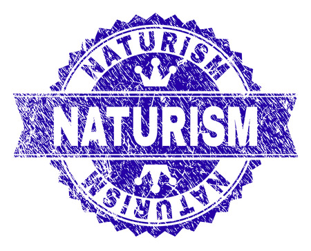 NATURISM rosette stamp seal watermark with grunge style. Designed with round rosette, ribbon and small crowns. Blue vector rubber watermark of NATURISM text with grunge style.のイラスト素材