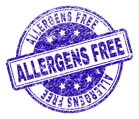 ALLERGENS FREE stamp seal watermark with grunge style. Designed with rounded rectangles and circles. Blue vector rubber print of ALLERGENS FREE tag with grunge texture.のイラスト素材
