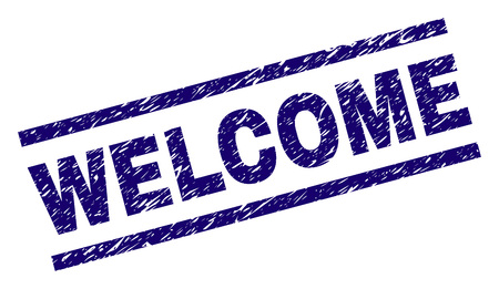 WELCOME seal print with grunge style. Blue vector rubber print of WELCOME caption with grunge texture. Text label is placed between parallel lines.のイラスト素材