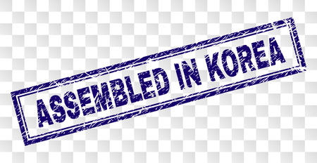 ASSEMBLED IN KOREA stamp seal imprint with rubber print style and double framed rectangle shape. Stamp is placed on a transparent background.のイラスト素材