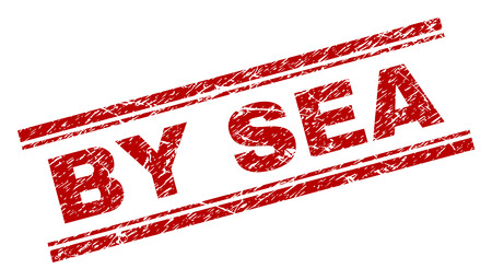 BY SEA seal print with distress texture. Red vector rubber print of BY SEA text with grunge texture. Text tag is placed between double parallel lines.のイラスト素材