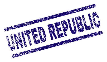UNITED REPUBLIC seal imprint with scratced style. Blue vector rubber print of UNITED REPUBLIC tag with grunge texture. Text tag is placed between parallel lines.のイラスト素材