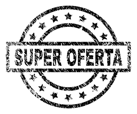 SUPER OFERTA stamp seal watermark with distress style. Designed with rectangle, circles and stars. Black vector rubber print of SUPER OFERTA label with corroded texture.のイラスト素材