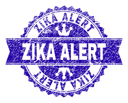 ZIKA ALERT rosette seal watermark with grunge texture. Designed with round rosette, ribbon and small crowns. Blue vector rubber watermark of ZIKA ALERT tag with dust texture.のイラスト素材