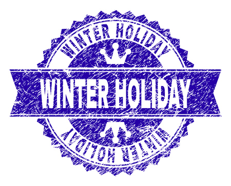WINTER HOLIDAY rosette stamp overlay with grunge texture. Designed with round rosette, ribbon and small crowns. Blue vector rubber watermark of WINTER HOLIDAY caption with grunge texture.のイラスト素材